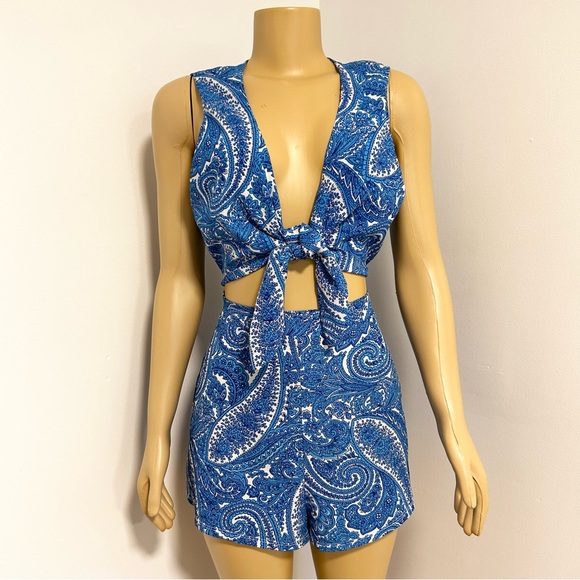 Show Me Your MuMu Pants - Show Me Your Mumu Romper Jumpsuit Blue Paisley Floral White Bow Womens Size XL